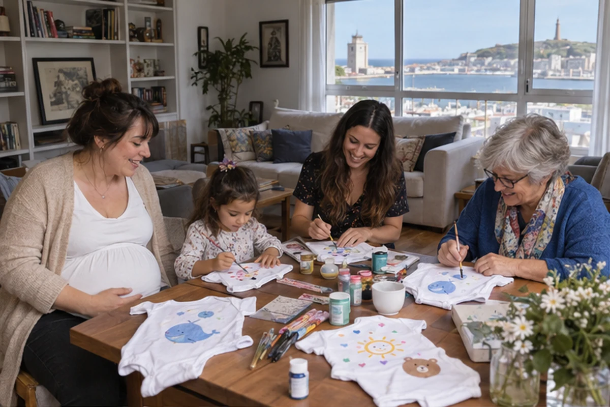 Escena ilustrativa de una familia personalizando prendas para un bebé