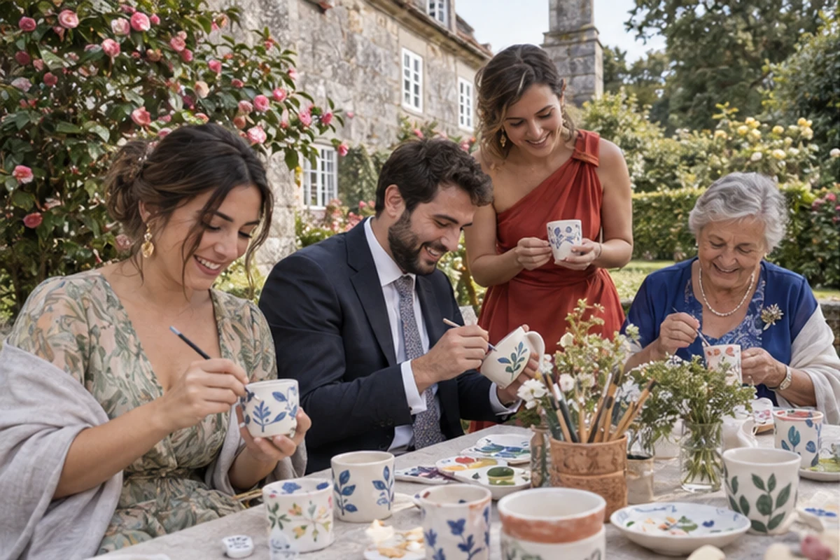 Escena ilustrativa de invitados pintando cerámica
