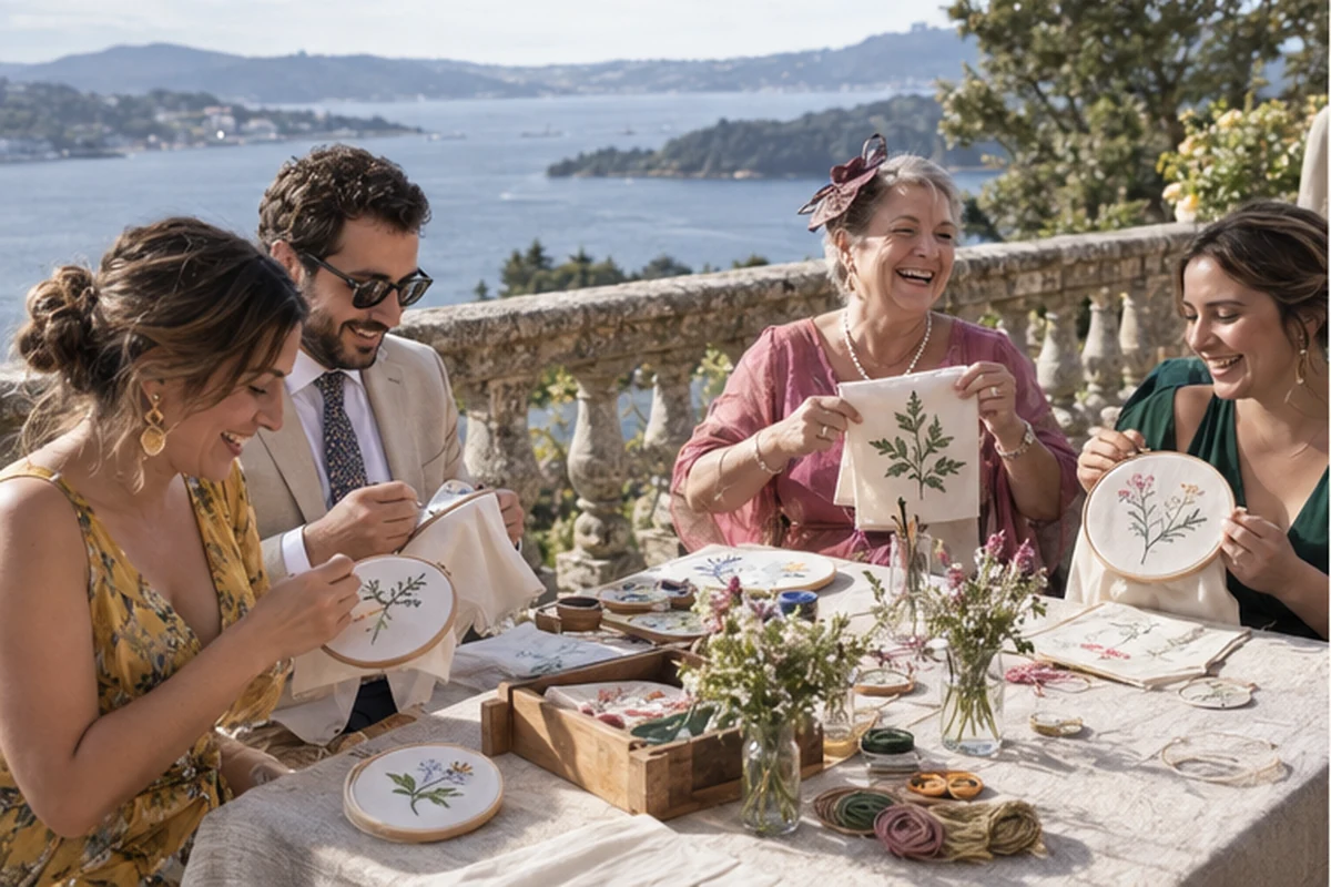 Escena ilustrativa de un taller creativo durante una boda
