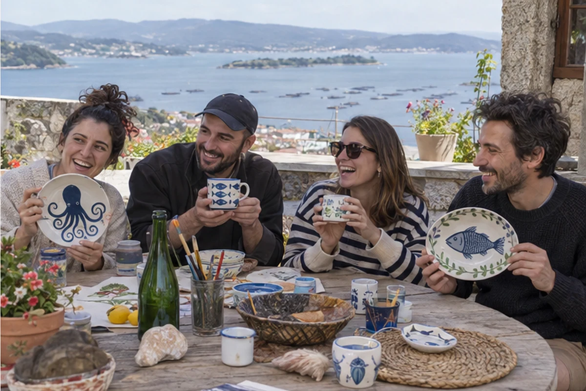 Escena ilustrativa de amistades pintando cerámica en una terraza