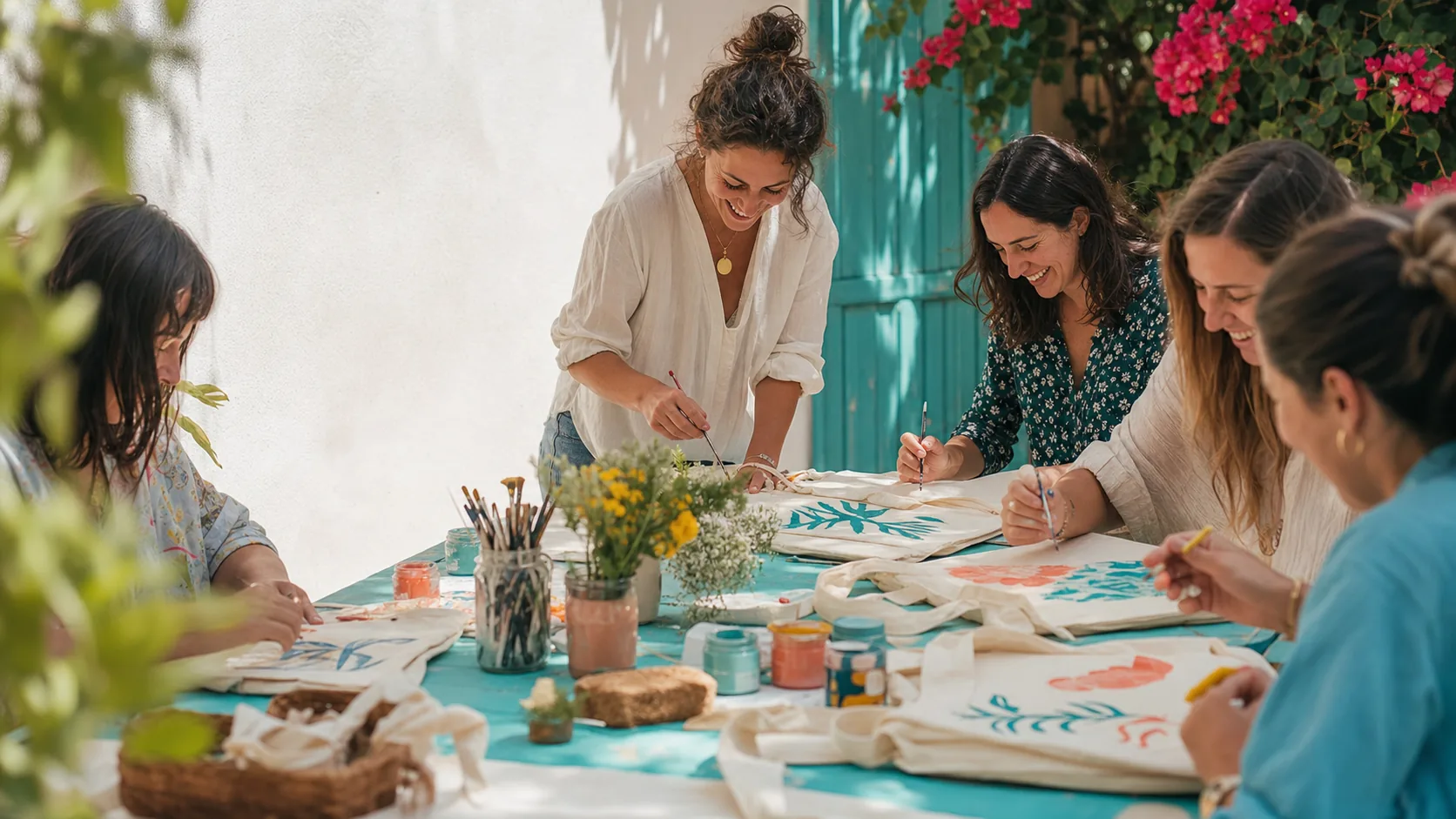 Grupo de personas pintando bolsas de tela en un taller creativo