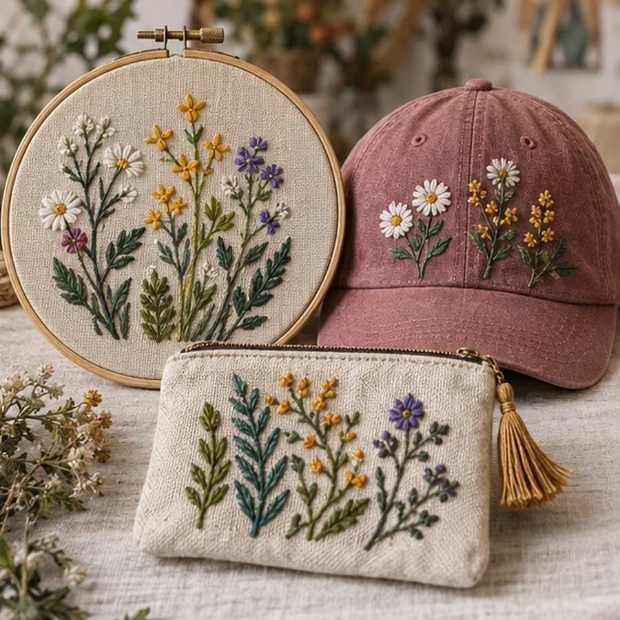 Bastidor, gorra y neceser con bordados florales terminados