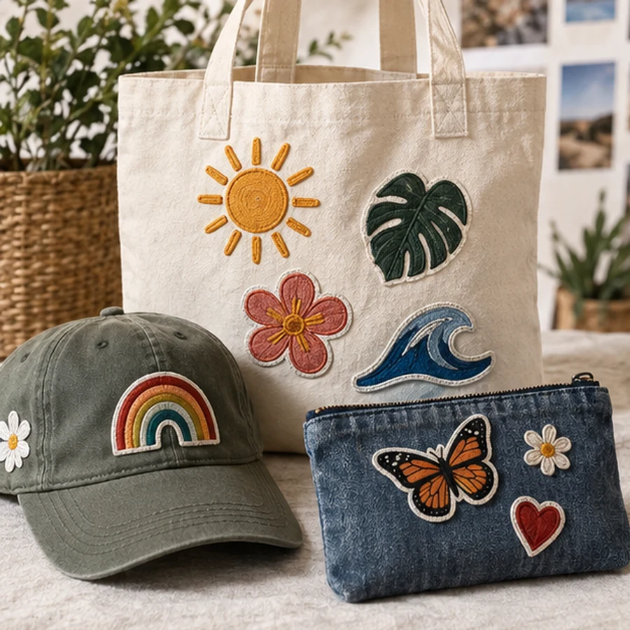 Colección terminada de tote bag, gorra y neceser personalizados con parches