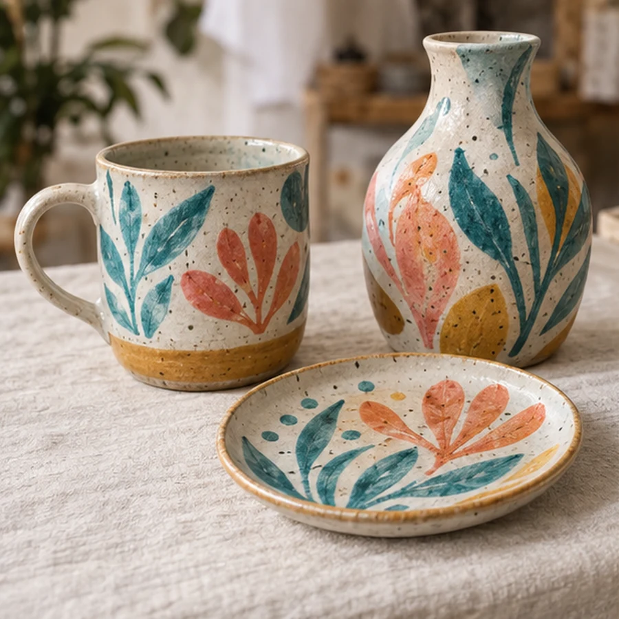 Jarrón, taza y plato de cerámica pintados a mano y terminados