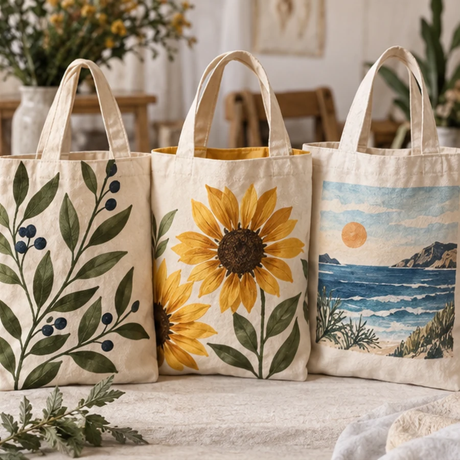 Tres tote bags terminadas con diseños botánicos y marinos