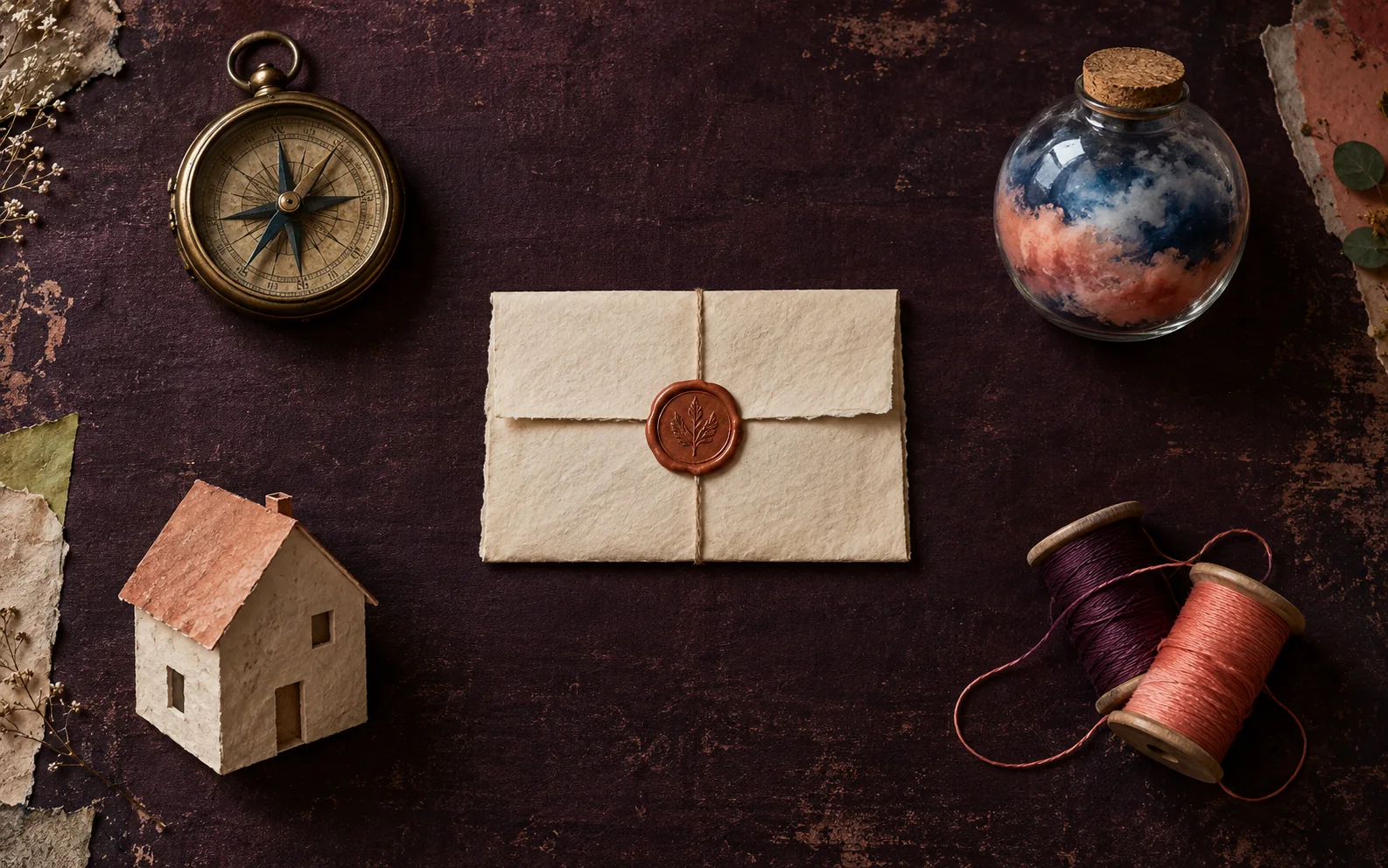 Mesa con una brújula, un frasco de clima, una casa de papel, hilos y una carta