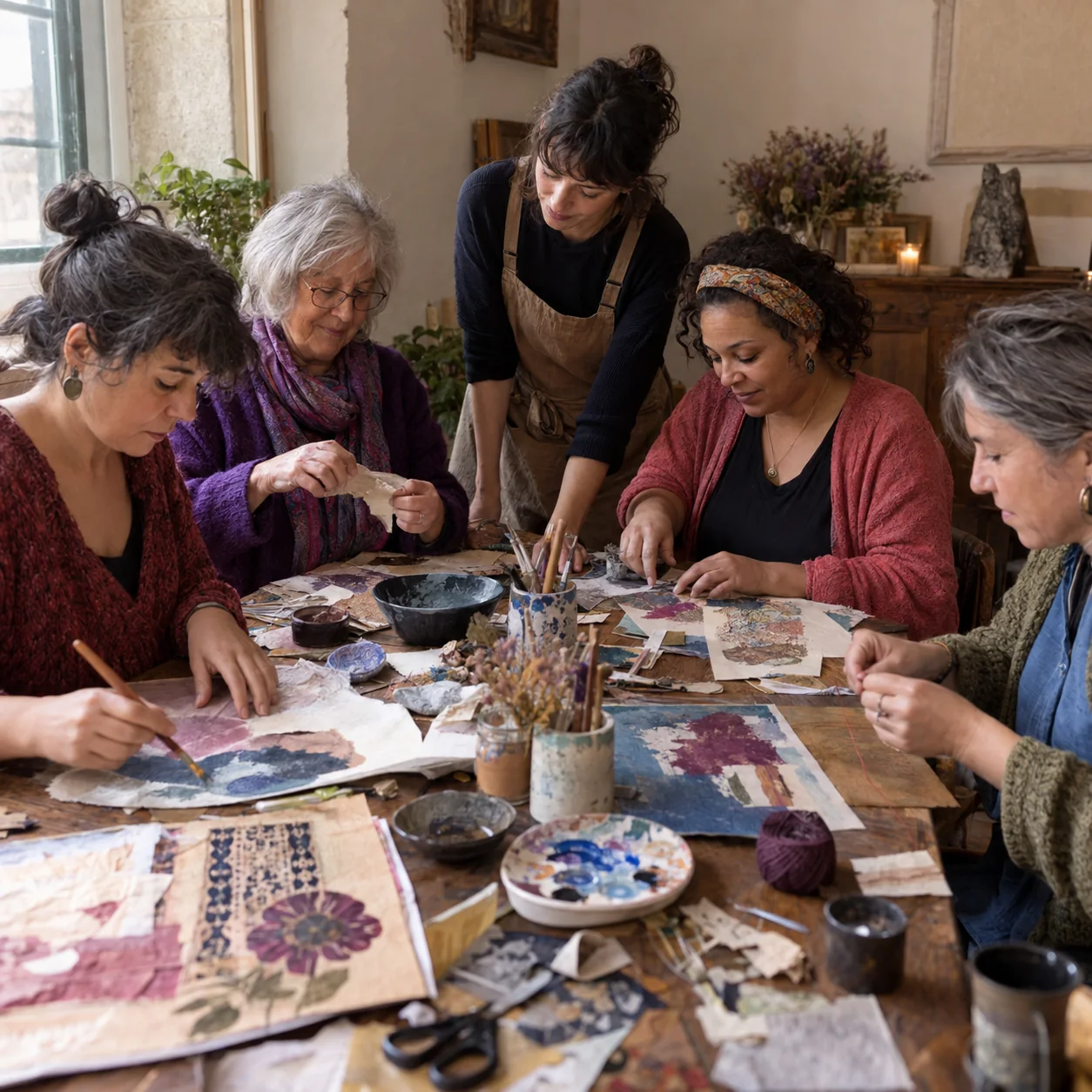 Grupo de personas adultas creando alrededor de una mesa