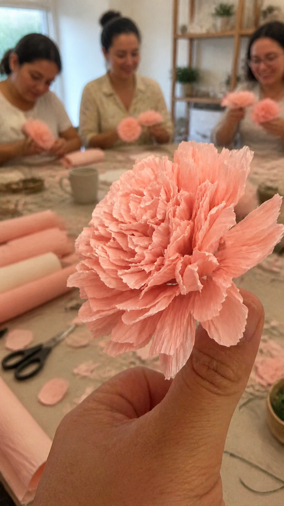 Clavel rosa de papel en un taller creativo