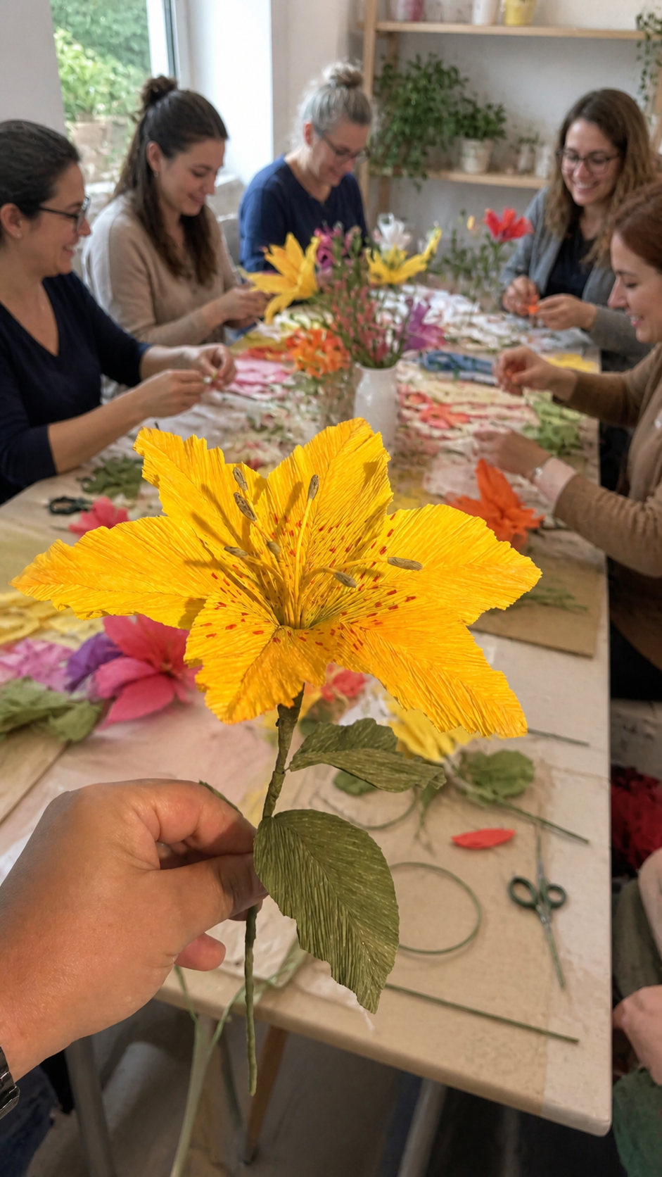 Lirio amarillo realista de papel en un taller creativo