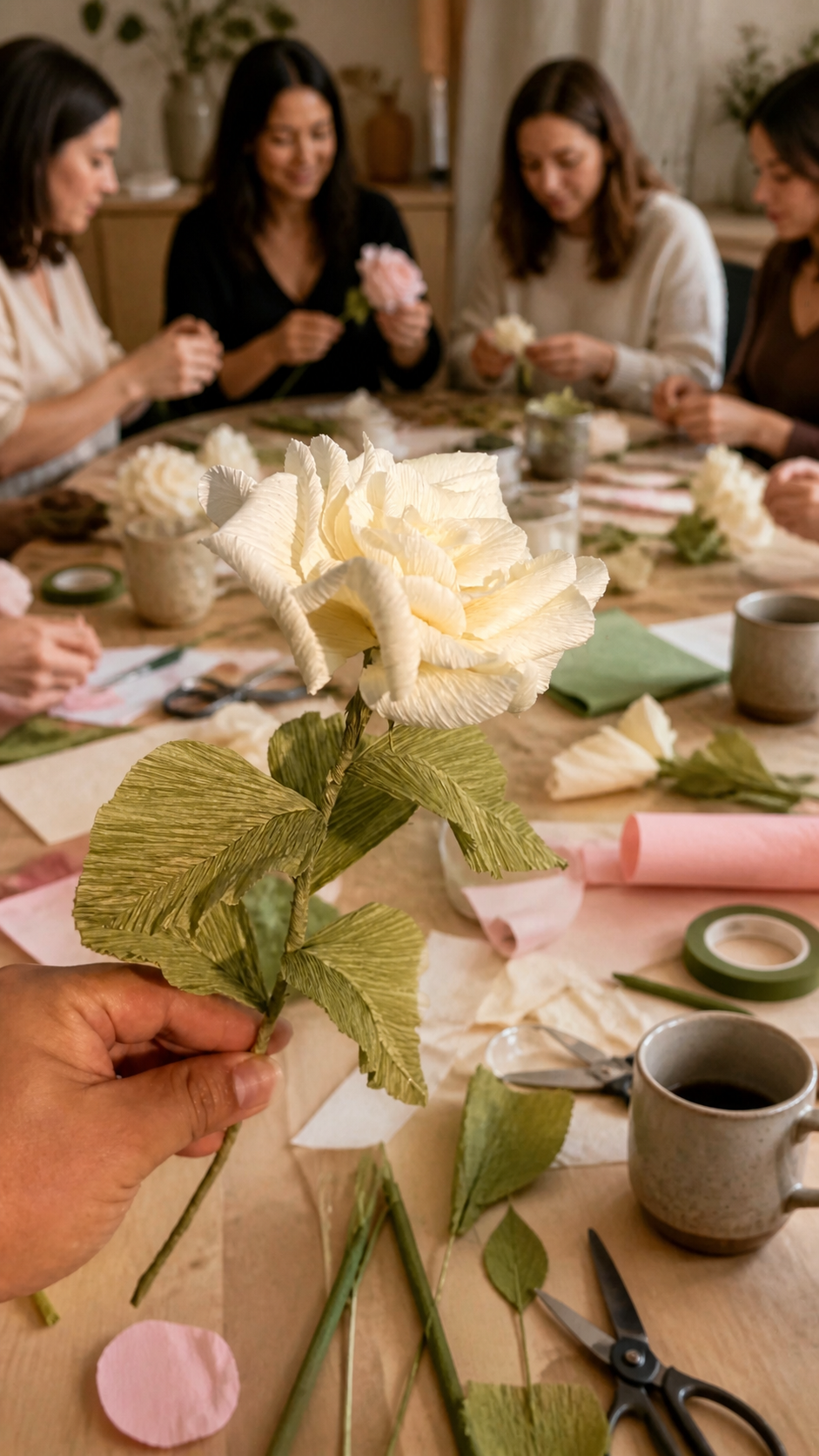 Rosa blanca realista de papel en un taller creativo